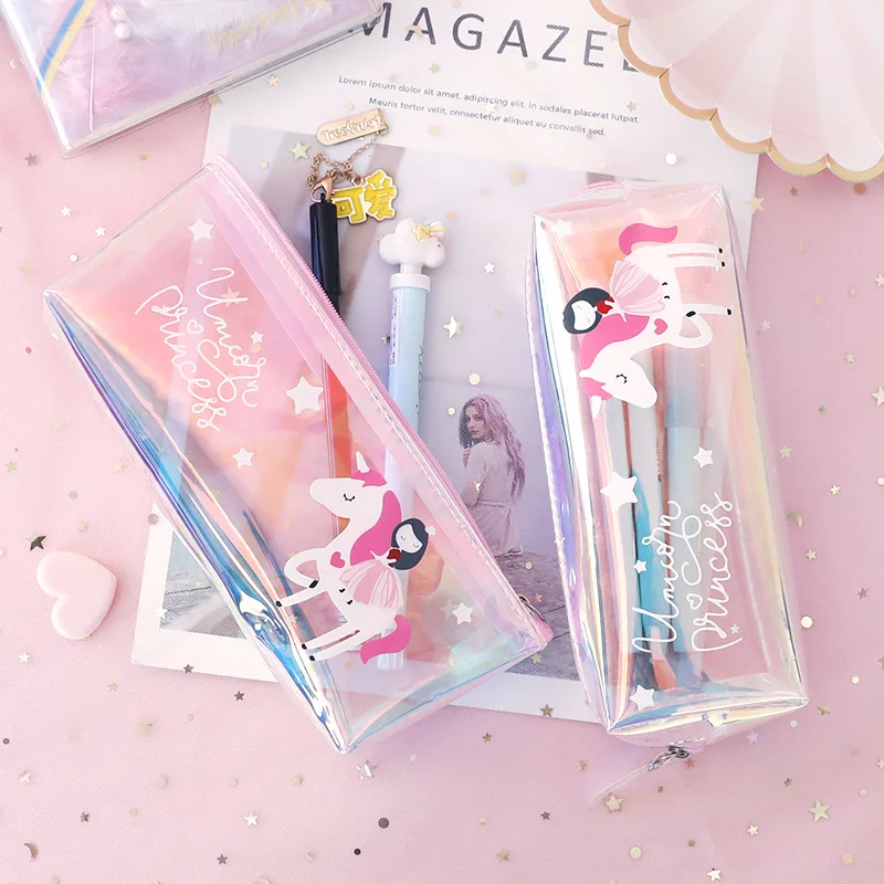 

Transparent Laser Girls Unicorn pencil case Cute Star pencil bag Stationery pen pouch gift office school supplies canetas Zakka