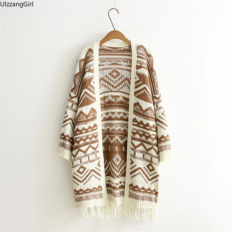 

Vintage Boho Folk Fashion Graphic Loose Cardigan Sweater Winter Autumn Spring Tassel Long Outwear Knit Cape Top Overcoat Korean