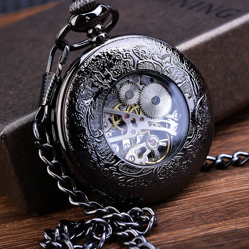 Retro Blue Skeleton Steel Hunter Men Fashion Pocket Watch Steampunk Roman Hand Wind Mechanical Male Flip 5