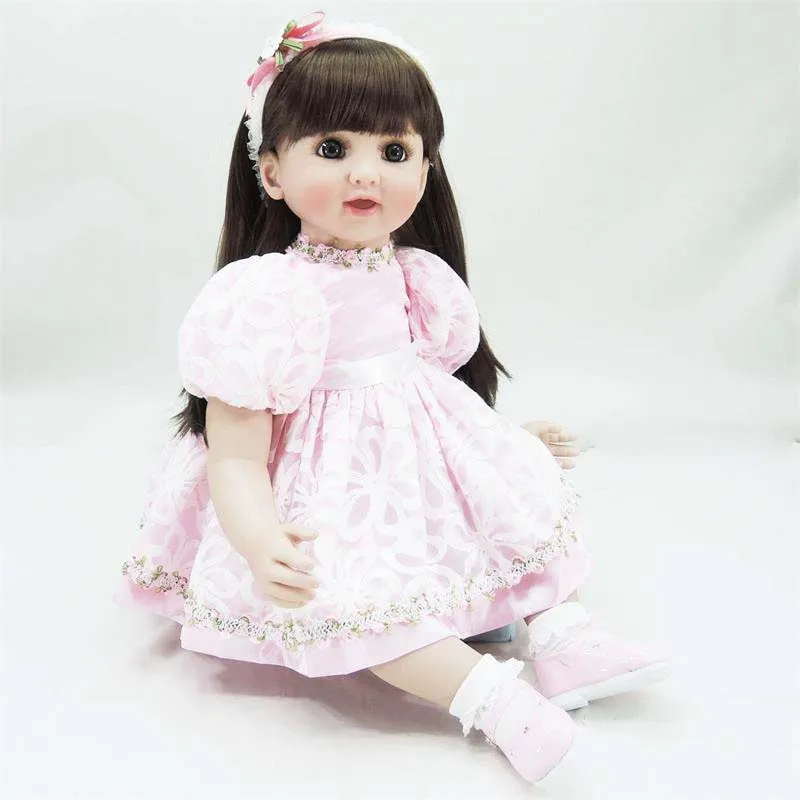 New design Smiley doll Reborn Baby Doll smooth Silicone Girl long Hair Little Infant Cute 24 inch Kids Playmate Boneca Bebe gift