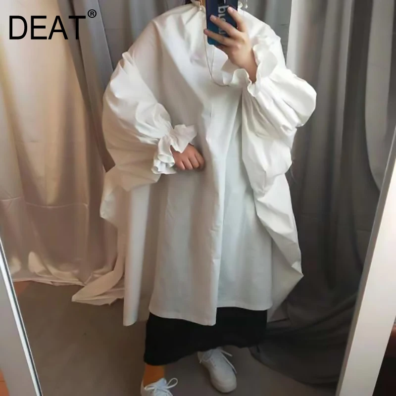 

[DEAT] 2019 Spring Summer Woman Stylish New Purple Black Color Long Puff Sleeve Stand Collar Long Loose Big Size Dress LG0