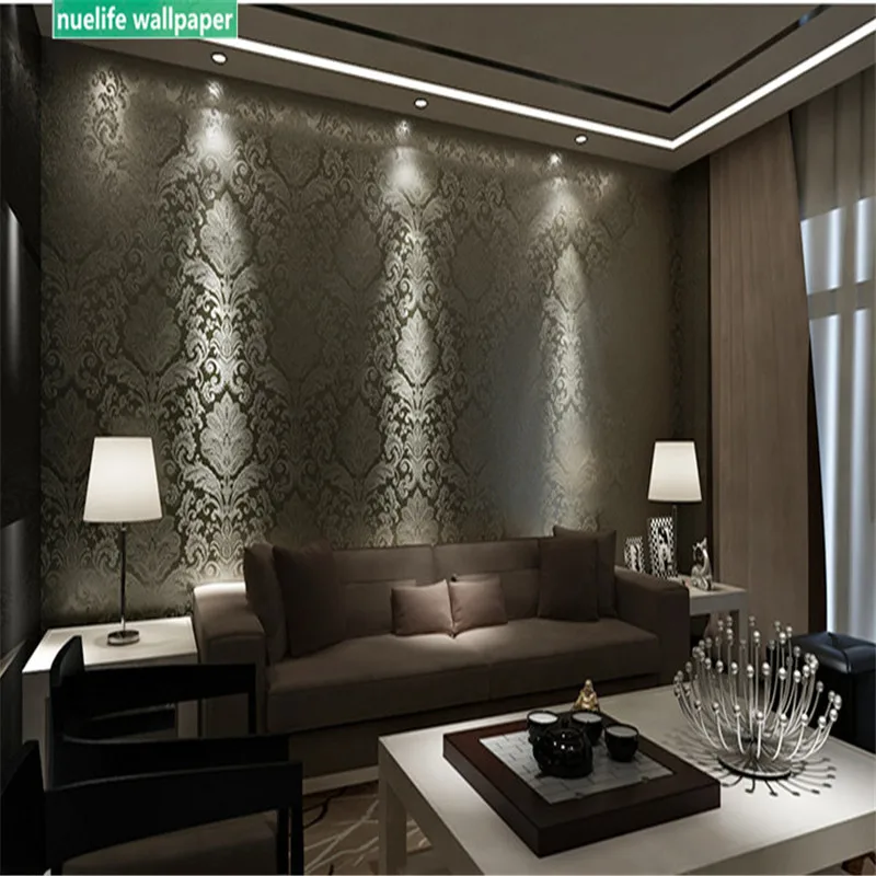 

European black Damascus pattern green non-woven wallpaper bedroom living room wallpaper shop TV background wallpaper