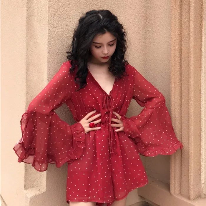 Rave Festival Clothing Black Jumpsuit,Beach Style Fashion Nova Woman Streetwear Red Jumpsuit, Bow Chiffon Long Sleeve Jumpsuit