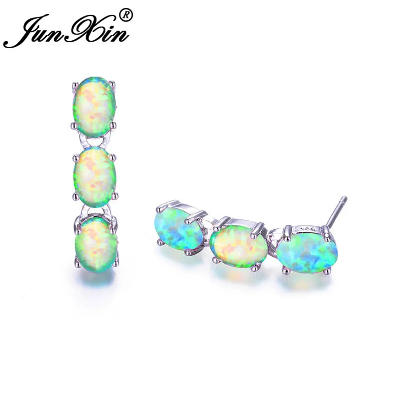 JUNXIN, роскошные серьги с овальным камнем, синий, белый, огненный опал, для женщин, 925, серебряный цвет, зеленый, фиолетовый цвет, серьги-гвоздики, свадебные ювелирные изделия - Окраска металла: Green Opal Earrings