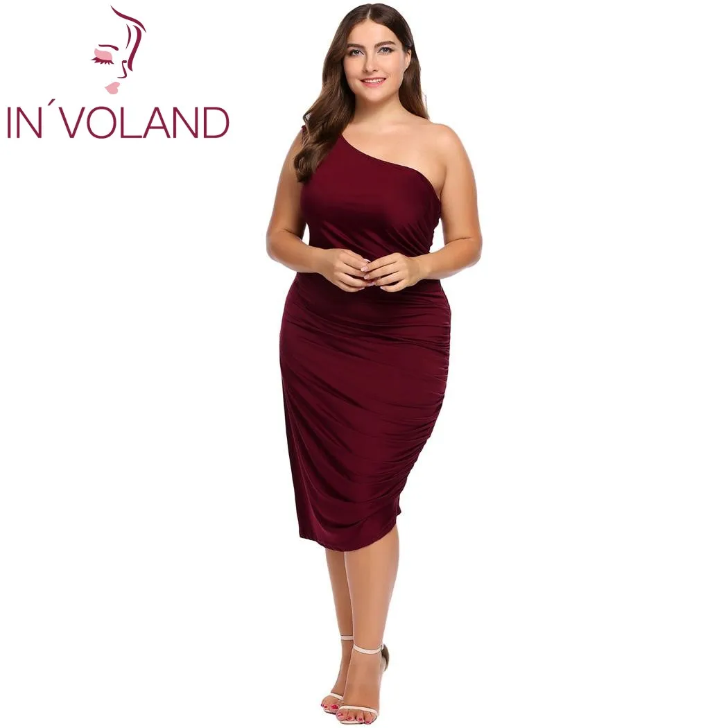 

IN'VOLAND Women Party Dress Plus Size XL-4XL One Shoulder Ruched Large Cocktail Bodycon Slim Pencil Dresses Vestidos Big Size