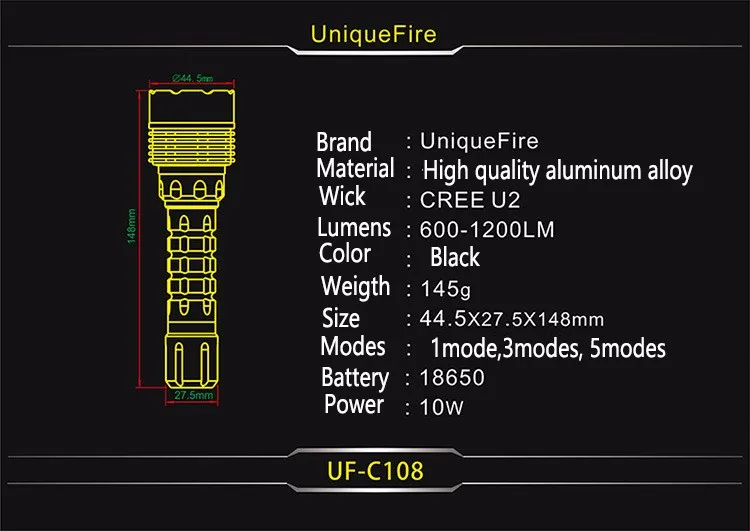 Uniquefire C108 XML тактический светодиодный фонарик разъем «Лотос» дизайн 1200LM нерегулируемые лампы факел Мощность 18650 Батарея