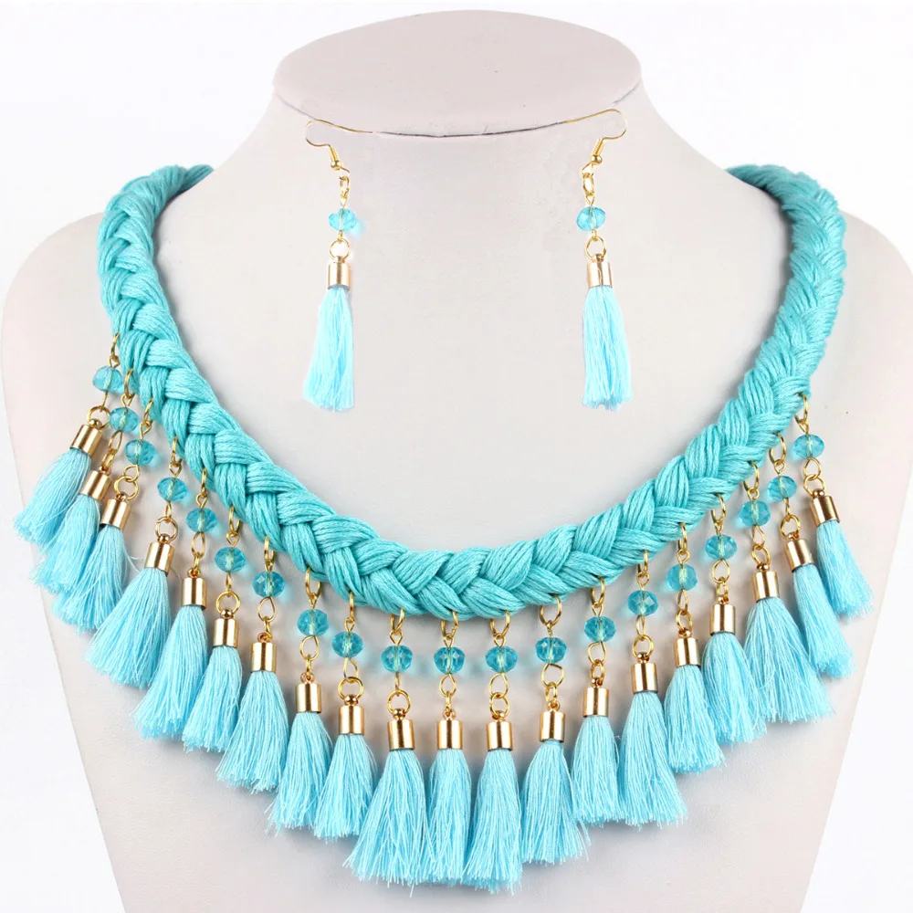 Braided Handmade Tassels Imitation Crystal Necklace and Earrings