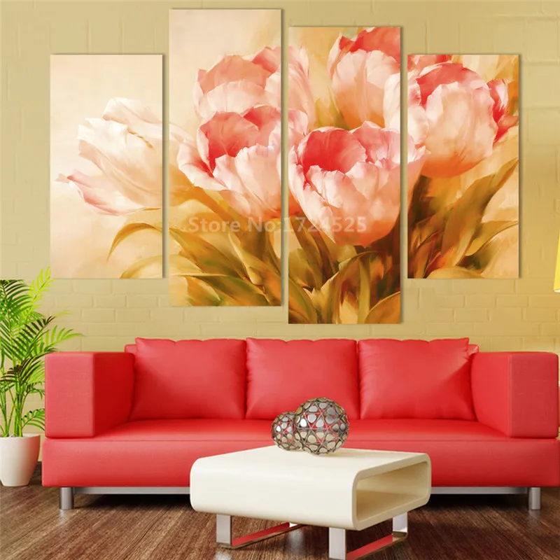 4-Panels-Painting-For-Living-Room-Decor-Modern-Wall-Painting-Pink-Tulip-Flower-Home-Decorative-Art
