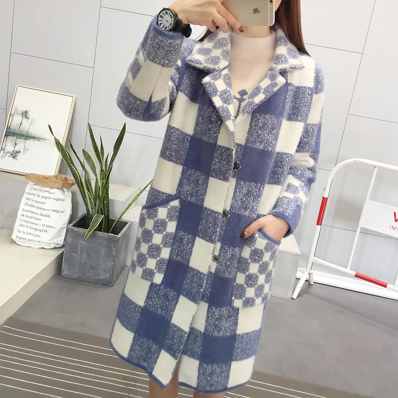 Faux Mink Plaid Velvet Coat Fashion Vintage Office Work Wear Menteau Hiver Femme Casual Cardigan Tops Fitting Female Winter Coat