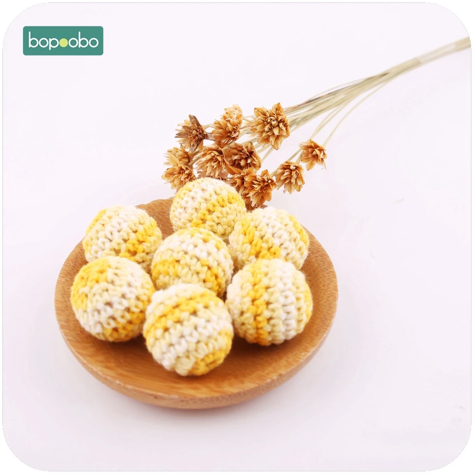 Bopoobo 나무 크로 셰 뜨개질 비즈 20mm 10pcs 라운드 씹는 다채로운 비즈 수제 소박한 스타일 간호 액세서리  Teether