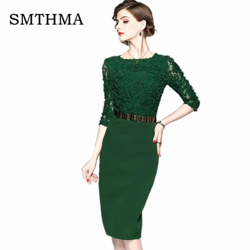 

SMTHMA Professional Women Elegant Casual Work Business Office Classic Round neck green Black Bodycon Dress send Free belt
