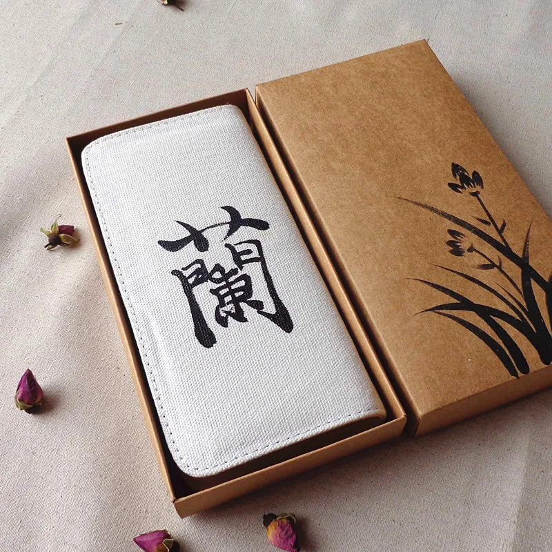 

Hand Painted Chinese Calligraphy Orchid Flower Women Canvas Wallets Zip Ladies Linen Vertical Purse Notecase Portemonnee Mujer