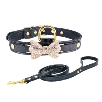 

Dogs Cats Fashion Rhinestone Bowknot Collar and PU Leather Leash Suit Pet Products Dog Accessories XS S M L