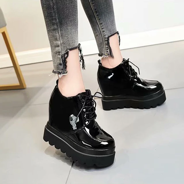 US $19.11 Spring Autumn Patent Leather Height Increasing Platform Sneakers Wedges Shoes For Women Fashion Sne