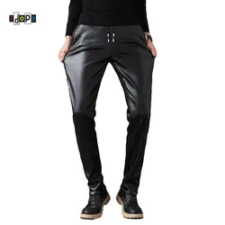 Idopy модный тренд черные брюки из искусственной кожи обтягивающие повседневные деловые мужские кожаные джинсы брюки для мужчин с шнурком