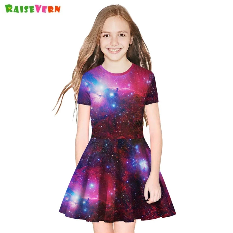 

Summer Dress Girls Teenager Casual Space Galaxy 3D Short Sleeve Pleated Dress 8 9 10 Year Princess Dresses Girls Clothes