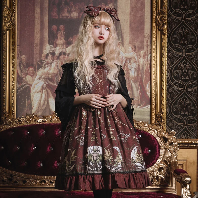 

Gothic Style Women Lolita JSK Dress Victorian Wine Prom Dresses Vintage Gorgerous Fairyland Cute Classic Layered Cosplay Costume