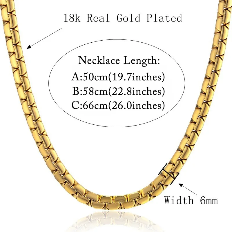 Хип-хоп 6 мм мужское золотое ожерелье из нержавеющей стали с плоской коробкой, Женская Мужская цепочка 2" 23" 2"