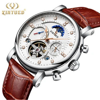 

KINYUED Men Mechanical Watch Leather Strap Casual Perpetual Calendar Male Clock Moon Phase Automatic Wristwatches Relogios 2019