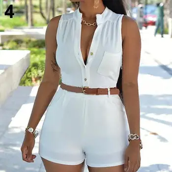 

Sexy Women One Piece Button-Front High Waist V-Neck Rompers Jumpsuit with Belt