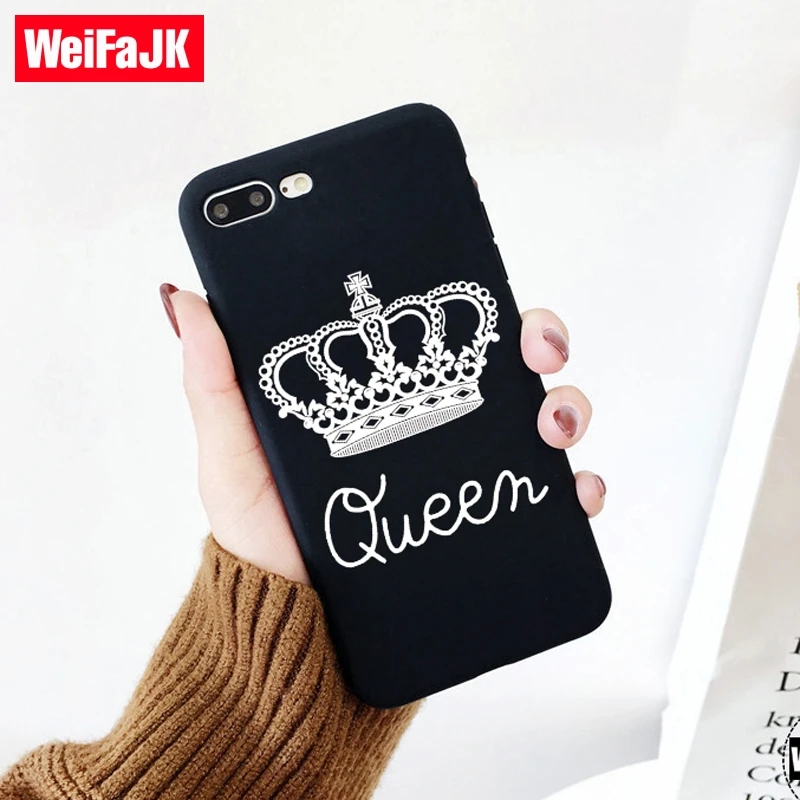 

WeiFaJK Black Matte Case for iPhone 6 7 Silicone Crown KING Queen Soft TPU Back Cover Cases for iPhone 5s 7 8 Plus Case 6 5 Capa