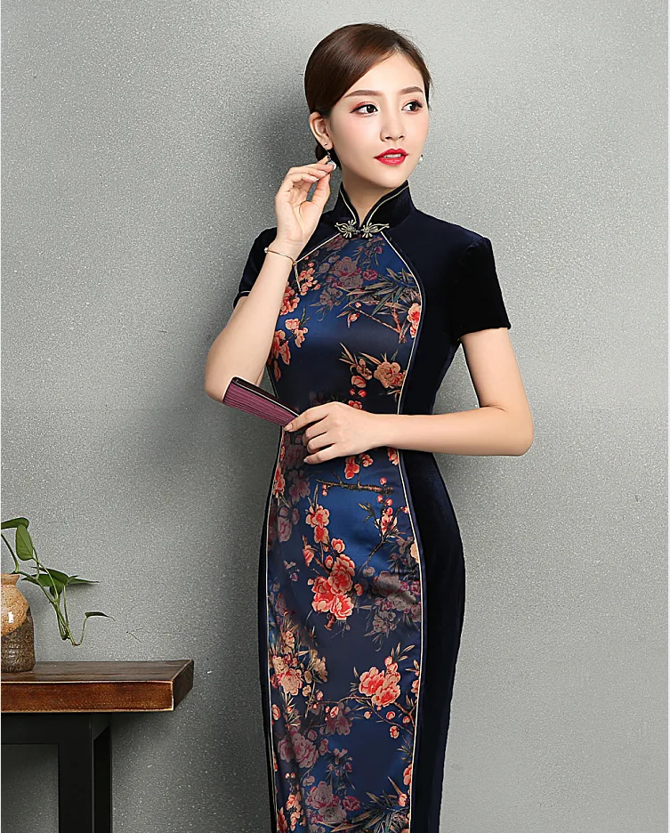 Китайский Винтаж Стиль Длинные cheongsam демисезонный короткий рукав Традиционный шить бархат моды ежедневно Qipao платье с цветочным рисунком