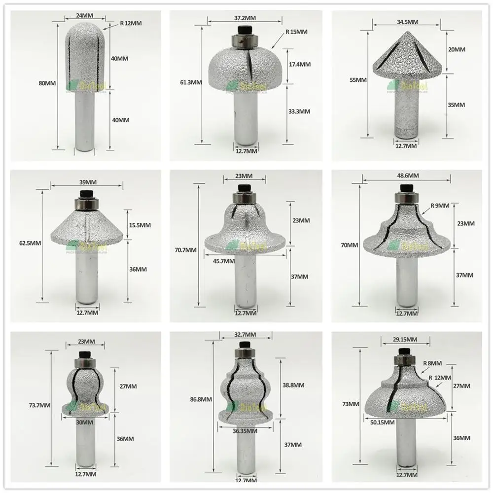 SHDIATOOL Vacuum Brazed Diamond Router Bits Granite Marble Router Cutter with 1/2" Shank Profiling Cutting Stone Edge Grit 60