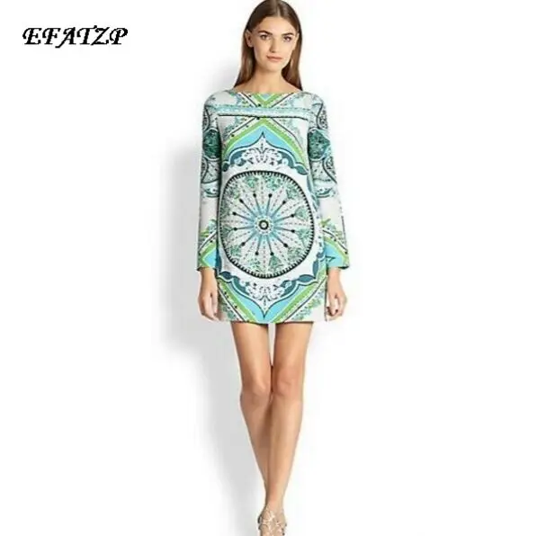 

Size 46,S-XXL,New 2014 Luxury Brands Women's Long Sleeves Baroque Print Green Slash Collar Stretch Jersey Silk Dress