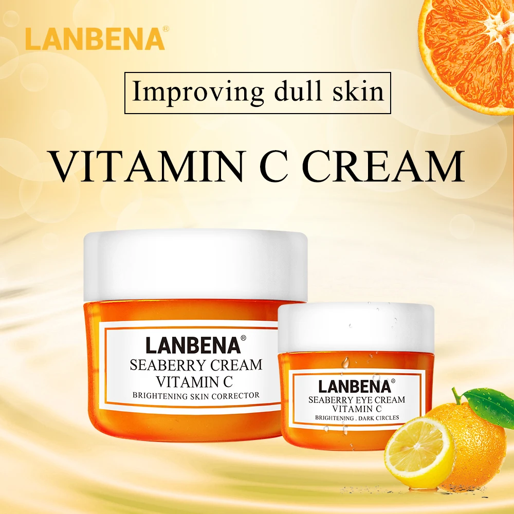 Lanbena Vitamin C Face Cream+eye Cream 2pcs Whitening Moisturizing Anti Aging Serum Acne Treatment Firming Fade Dark Spots