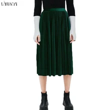 Женские Повседневное юбки желтый и зеленый цвета однотонные женские, с высокой талией плиссированная бархатная юбка осень-зима женская Юбка-миди