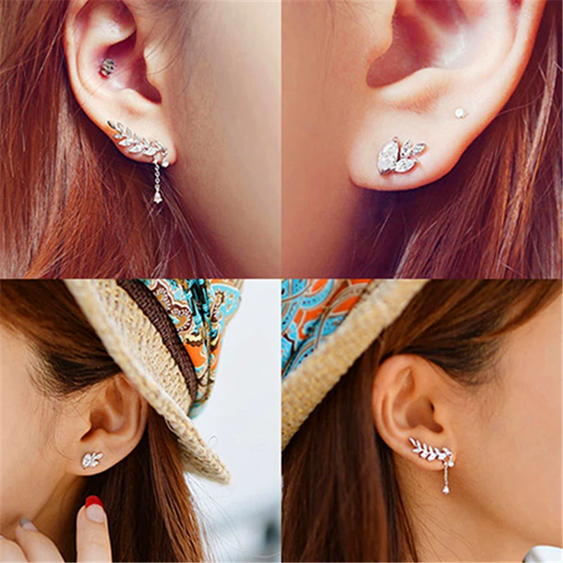 Fashion Women's Asymmetric Leaf Ear Clip Chain Plant Drop Dangle Ear