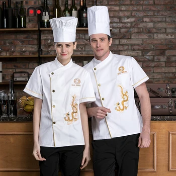 

Dining Hall Dragon Embroidery Restaurant Work Uniform ShortSleeve Waiter Chef Uniform Cooking Clothes Coffee Shop Kitchen Jacket