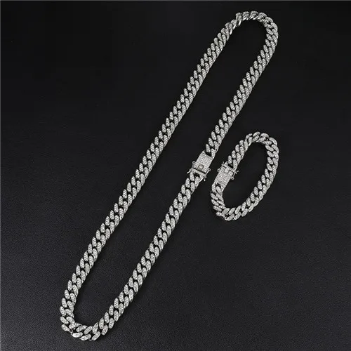 SilverNecklceBracelt Хип-хоп, 13 мм, кубинское звено, цепочка, ожерелье, браслет, Iced Out, золото, серебро, украшение с прозрачными стразами для Мужчин, Ювелирные изделия - Окраска металла: SilverNecklceBracelt