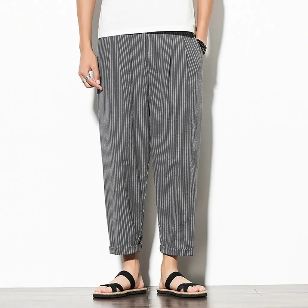 Gray Jaycosin Men's Striped Retro Chinese Style Linen Pants Casual Calf-length Pants Loose Pantalones Hasta La Pantorrilla Sueltos - Цвет: Gray