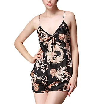 

Women Summer Sleepwear Sleeveless Printed Nightwear Satin Lingerie Set Underwear pijama mujer sleepwear linger pizama damska E1