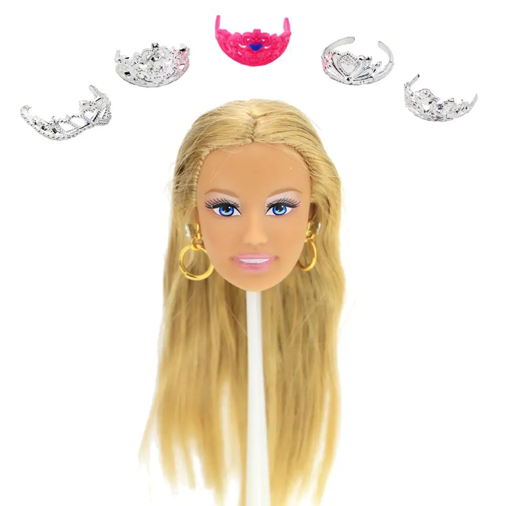 

7 Pcs = High Quality 1x Doll Head Yellow Straight Hair + Random 1x Earrings + 5x Princess Crowns Accessories For Barbie Doll