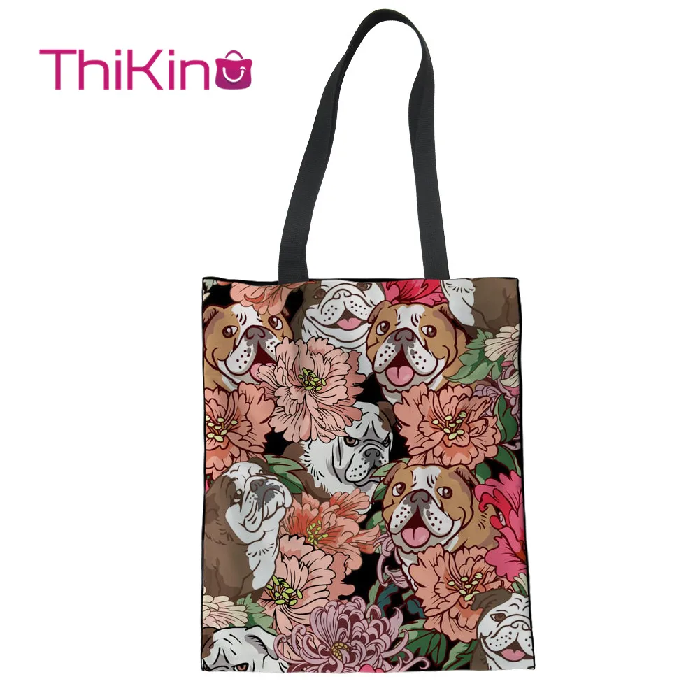 

Thikin Bulldog Pattern Canvas Bag for Kawaii Girls Shopping Handbags Cool Summer Fruits Portable Bag for Women Bags Designer