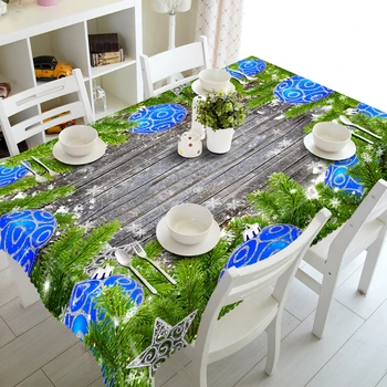 

3D Tablecloth Christmas Tree Blue Jingle Bell Pattern Waterproof Cloth Thicken Rectangular and Round Table Cloth for Wedding