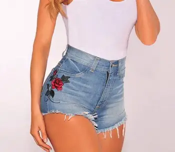 

S-XXXL Top-rated Women Summer Shorts 2019 Fashion Rose Flower High Waist Denim Short Jeans Black/Blue Color Sexy Shorts Feminino