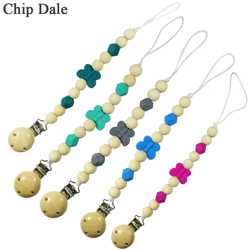 

Chip Dale Butterfly Silicone Beads Wooden Bead Baby Pacifier Clip Chain Nipple Holder Infant Soother Dummy Clip