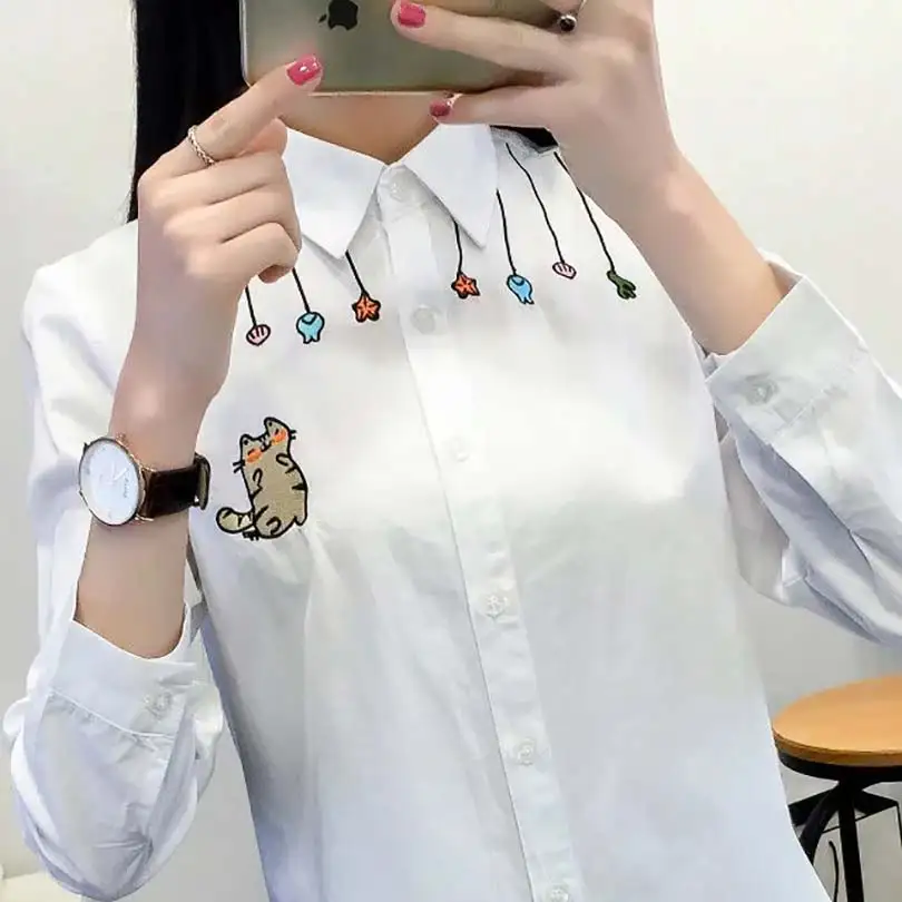 VOGUE N New Womens Spring Embroiderd Animal Cat Lapel Long Sleeve Cotton Button Down Shirt Casual