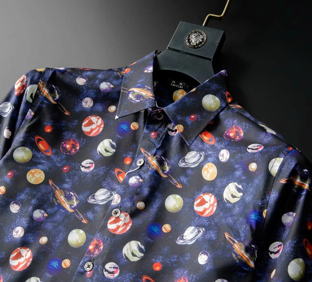 DUYOU/брендовая мужская рубашка из хлопка, мужская рубашка с длинными рукавами, мужская приталенная рубашка, мужская рубашка с космическим звездным принтом, Повседневная рубашка
