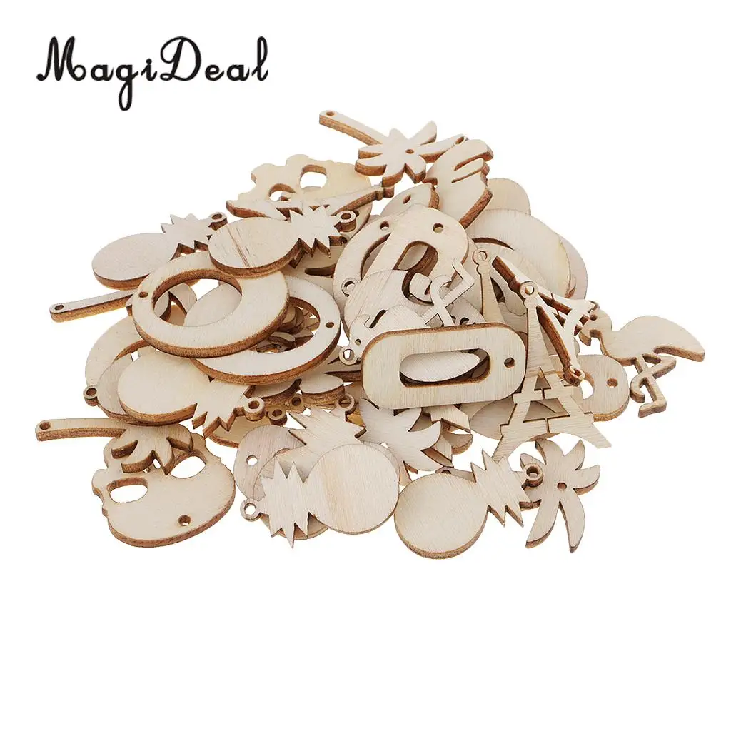 50pcs Assorted Natural Wood cutouts Shapes Chic Wooden Embellishment Scrapbooking Craft DIY Wind Chimes Xmas Hanging Decorations
