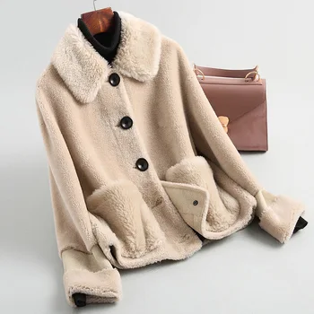 

Real wool coat outerwear women short style turn down collar single breasted fur jacket new 2019 autumn winter