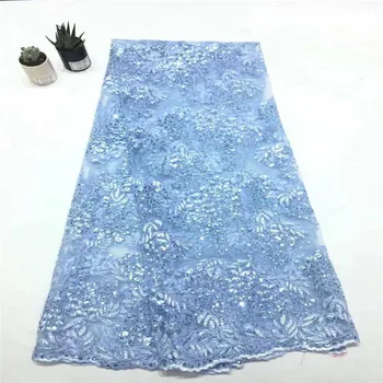 

2018 High Quality Nigerian Lace Fabric Gold , Sky Blue French Net Embroidery Sequins Tulle Lace Fabric For African Party Dress