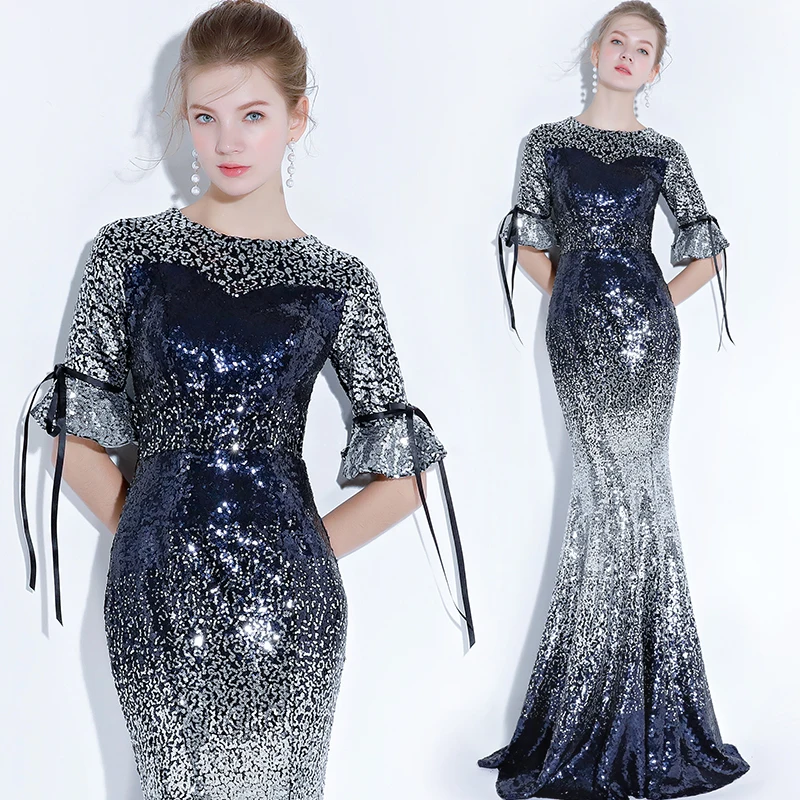 Beauty Emily Evening Dress 2019 Long Shiny Sequin Contrast Color O-neck Trumpet Floor-length Dinner Gowns robe de soiree Beauty Emily Evening Dress 2019 Long Shiny Sequin Contrast Color O-neck Trumpet Floor-length Dinner Gowns robe de soiree