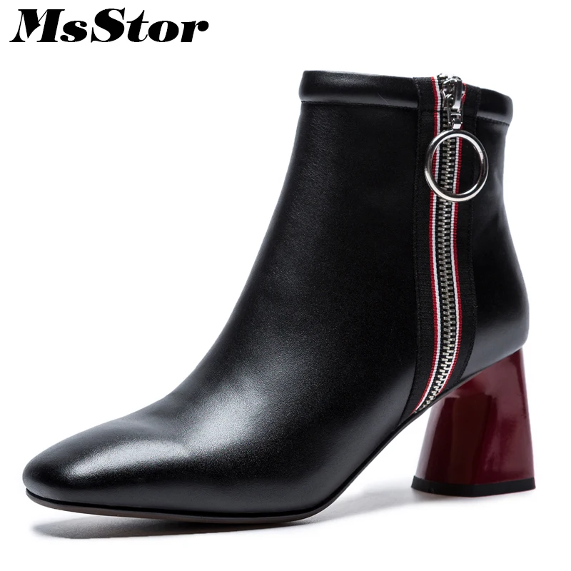 

MsStor Square Toe High Heel Women Boots Fashion Metal Zipper Ankle Boots Women Shoes Genuine Leather Square heel Black Boots