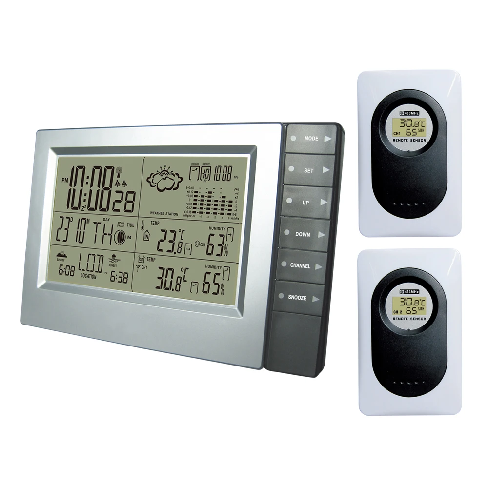 

Digital Wireless Weather Station Report Indoor Outdoor Humidity Temperature Digital Alarm Clock 2 Remote Transmitters