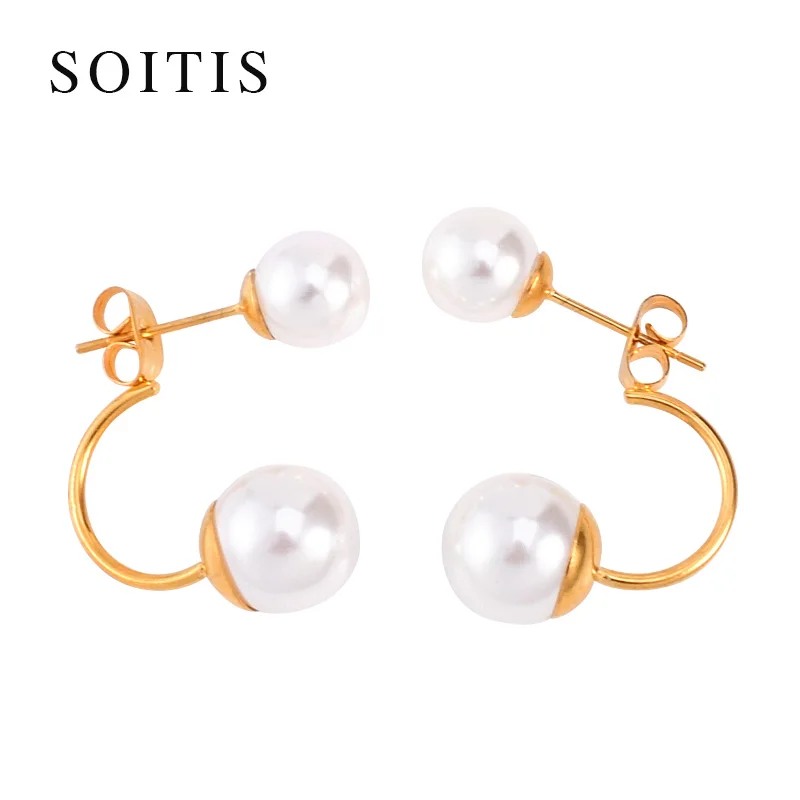 

SOITIS Elegant Women Simulated Pearl Earrings High Quality Ear Studs Gold Color Stainless Steel Earring Jewelry Accessories