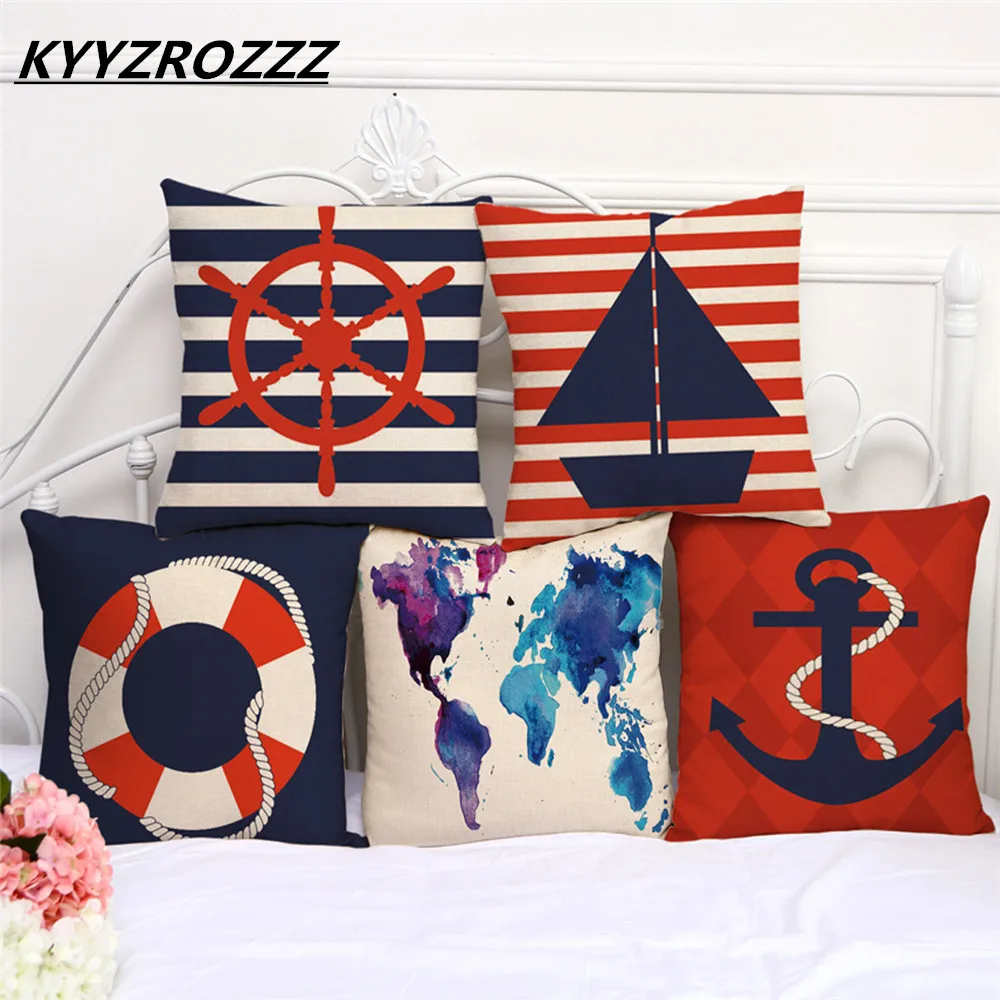 Sea Voyager Boat Ship Cushion Covers Anchors Rudder Compass Sea Map Cushion Cover Sofa